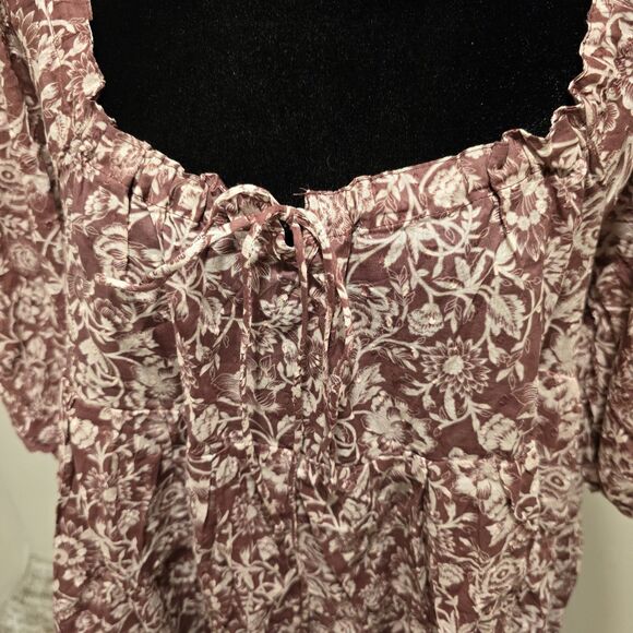 Olivaceous Boho Floral Short Puff Sleeve Mini Baby Doll Dress Maroon Size Medium - Picture 3 of 12